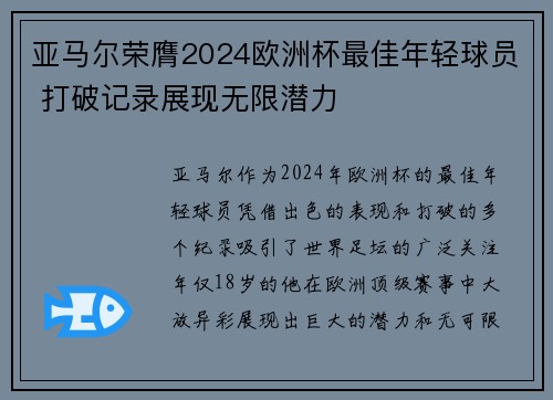 亚马尔荣膺2024欧洲杯最佳年轻球员 打破记录展现无限潜力 亚马尔荣膺2024欧洲杯最佳年轻球员 打破记录展现无限潜力