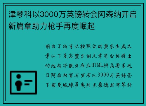 津琴科以3000万英镑转会阿森纳开启新篇章助力枪手再度崛起 津琴科以3000万英镑转会阿森纳开启新篇章助力枪手再度崛起