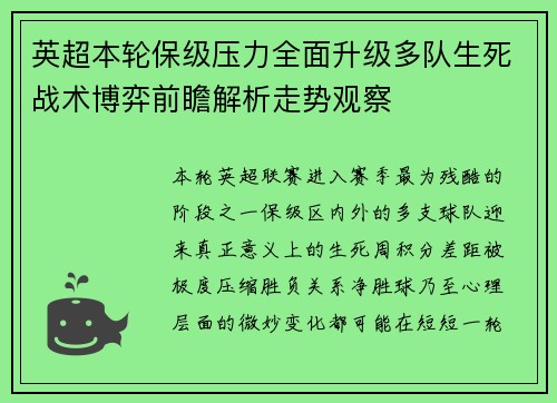 英超本轮保级压力全面升级多队生死战术博弈前瞻解析走势观察